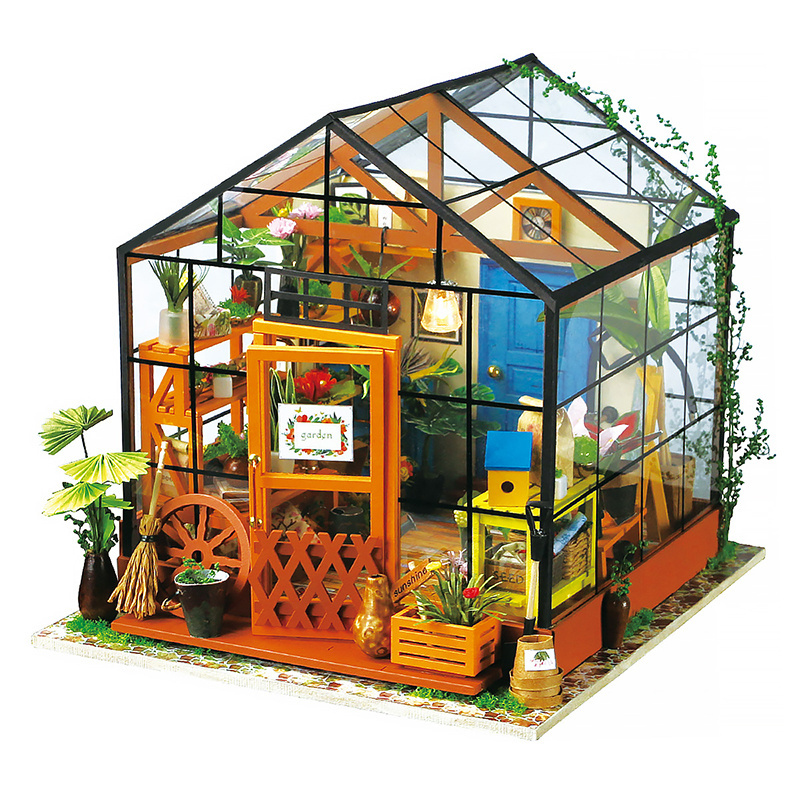Domek dla lalek LED - kwiecista szklarnia Kasi - drewniane puzzle 3D